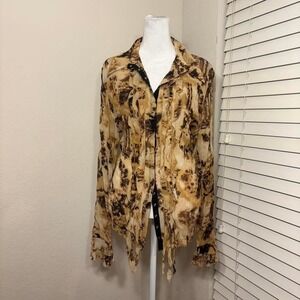 brown grunge sheer pleated crinkle ruffled peasant snap blouse size XL